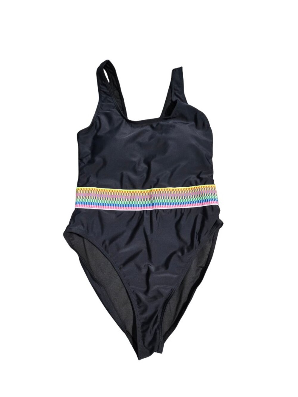 NWOT | Black One Piece Swimsuit Multicolor Rainbow Elastic Band Scoop Neck | Med